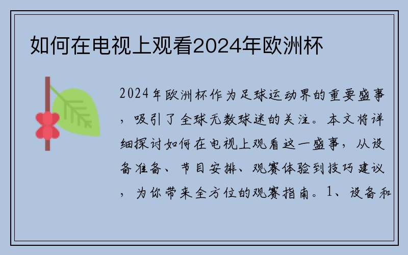 如何在电视上观看2024年欧洲杯